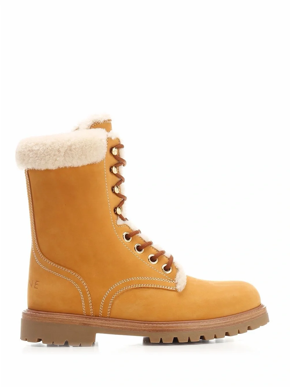 Celine Tan Shearling-Trim Lace-Up Winter Boots
